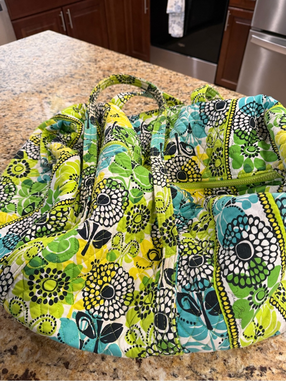 Vera Bradley Quilted Travel Tote in Lime Green, Teal, Black, White